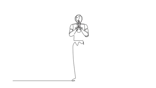 Animated self drawing of continuous one line draw robot showing thumbs down sign gesture. Dislike, disagree, disapprove, no deal. Humanoid robot cybernetic organism. Full length single line animation