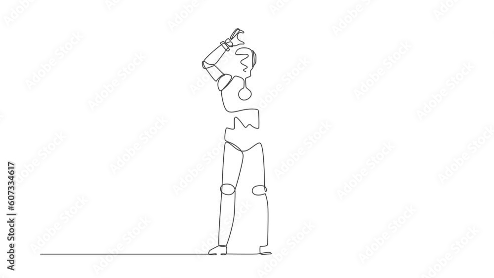 Poster animated self drawing of continuous line draw robot making or gesturing heart symbol with fingers ov