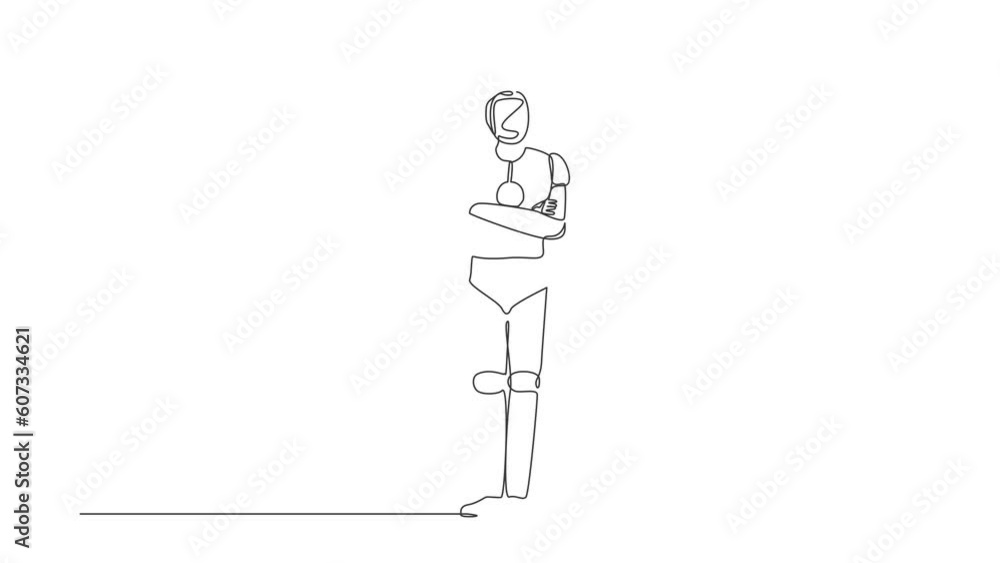 Poster self drawing animation of single one line draw robot standing with folded arms pose. future technolo