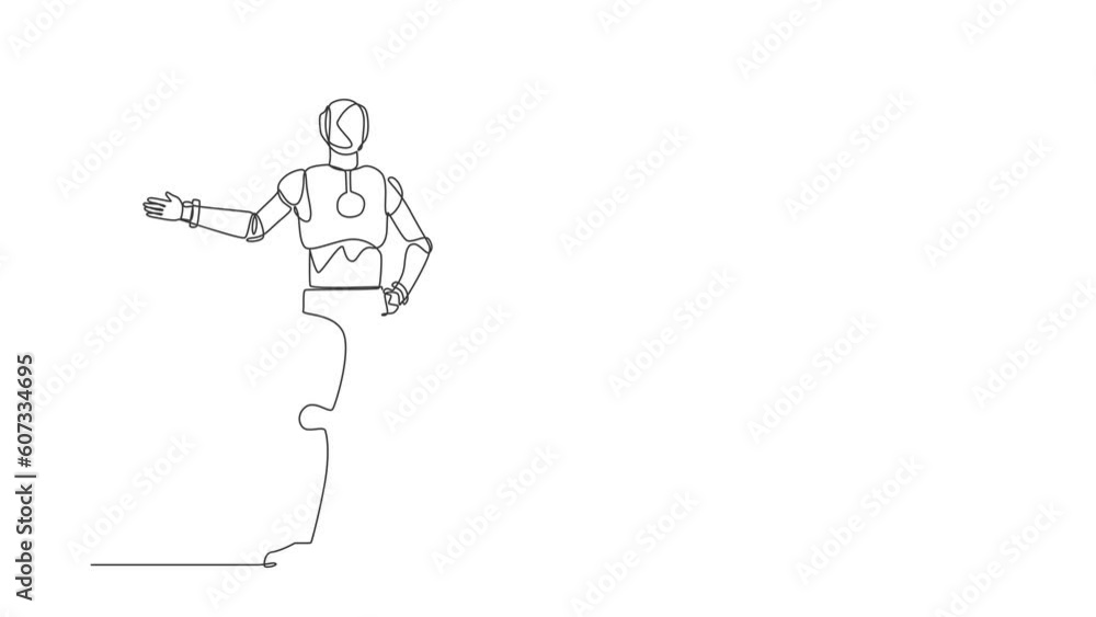 Poster animated self drawing of continuous line draw robot showing something or presenting project. humanoi