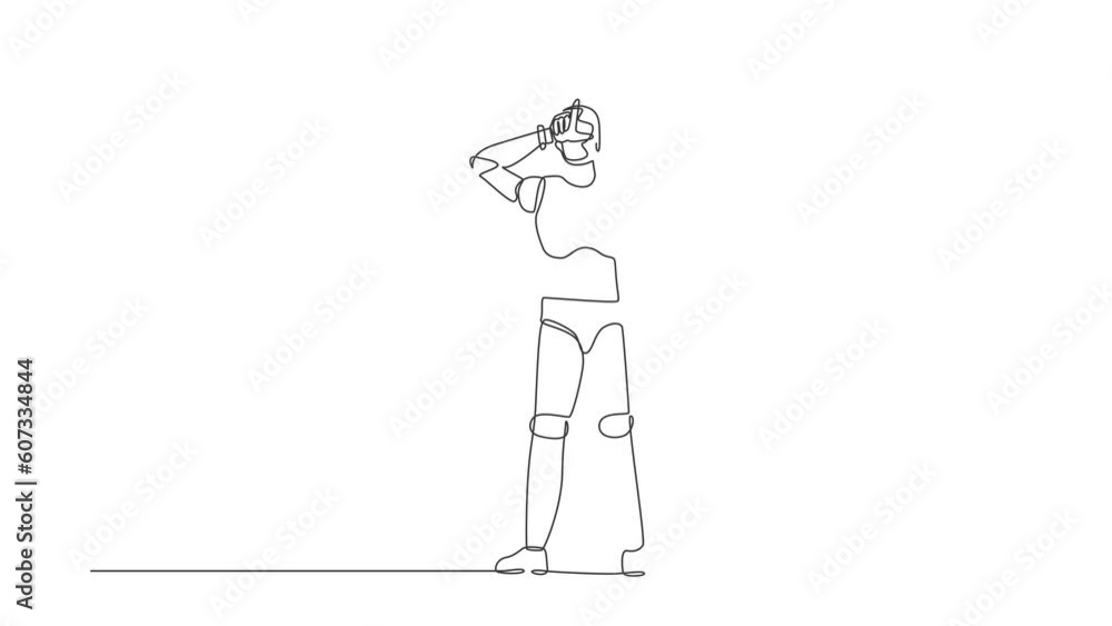 Poster animated self drawing of continuous one line draw robot making 'l' symbol, showing loser sign on for
