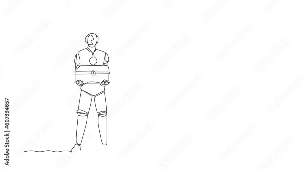Poster self drawing animation of single line draw robot walking unsteadily leaving hole dug dragging shovel