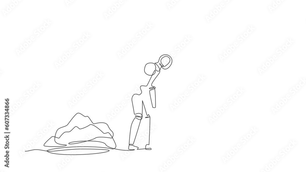 Poster self drawing animation of single line draw robot walking unsteadily leaving hole dug dragging shovel