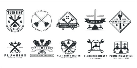 set of plumbing logo vintage vector illustration template label icon design. bundle collection of equipment or tools for professional plumber company concept logo design