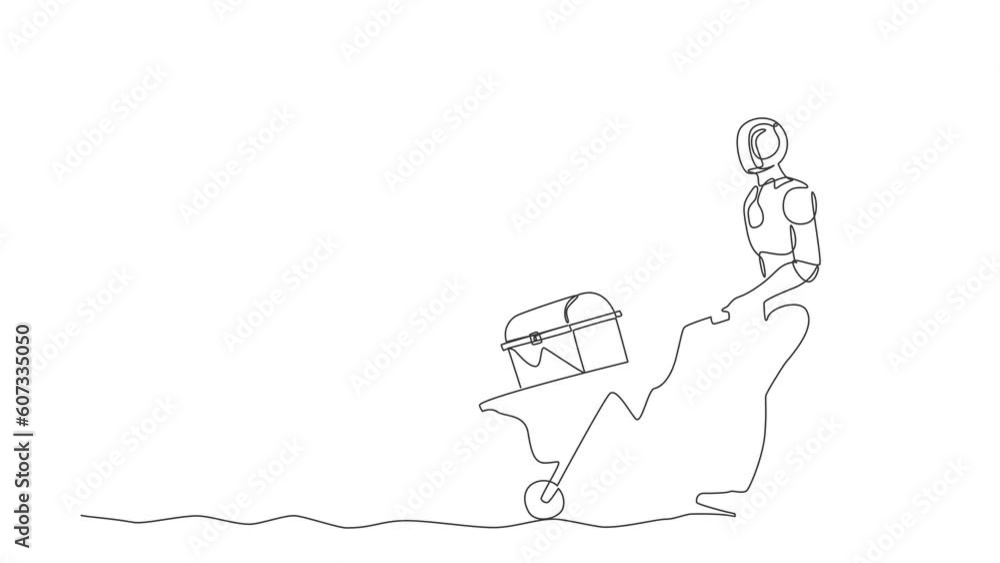 Poster self drawing animation of single one line draw robot walking pushing trolley with chest treasure. fu