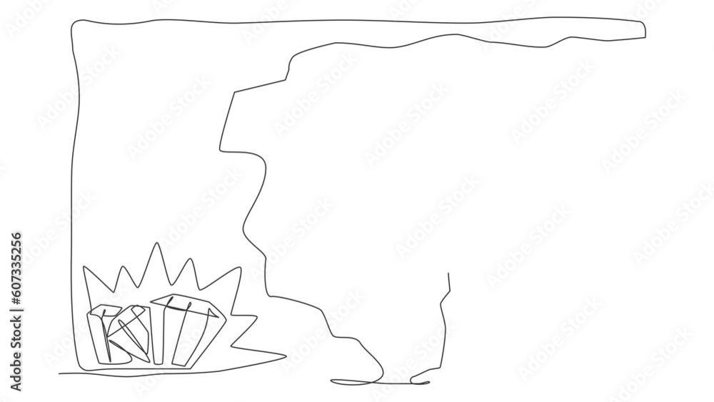 Poster animated self drawing of continuous one line draw robot digging with pickaxe to get diamond. humanoi