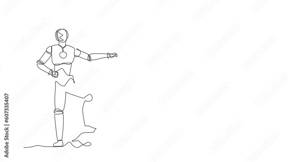 Poster animated self drawing of single continuous line draw happy robot standing near digging hole after wo
