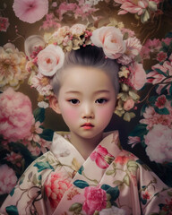 Fototapeta premium A Generative AI Illustration of a Young Girl Surround by Pink Pastel Flowers