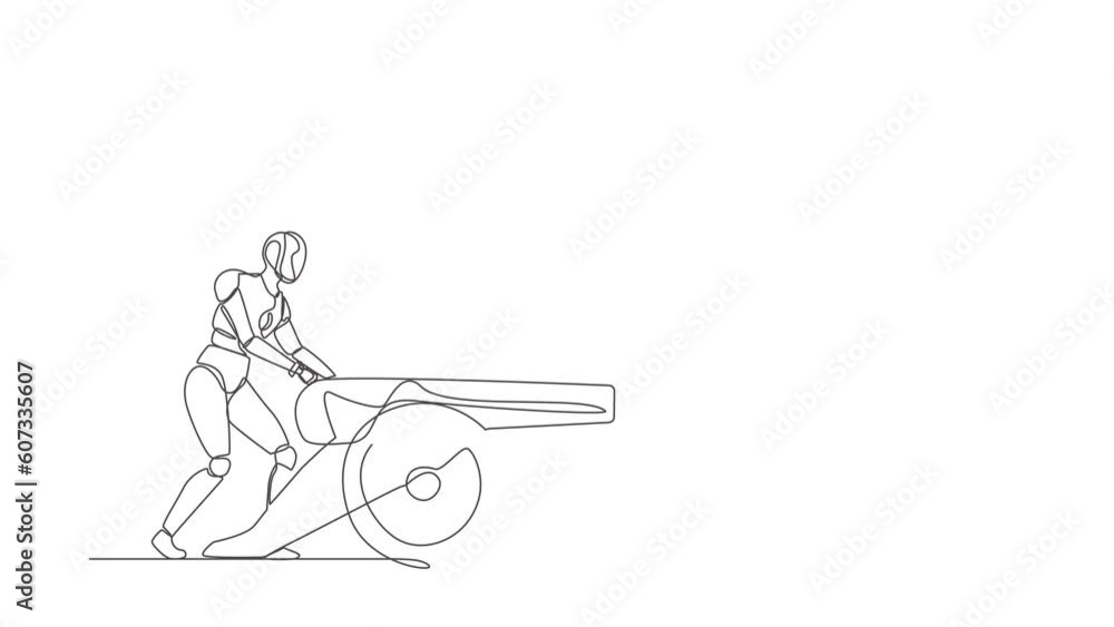Poster self drawing animation of single line draw robot ignites cannon in front of wall want to destroy. fu
