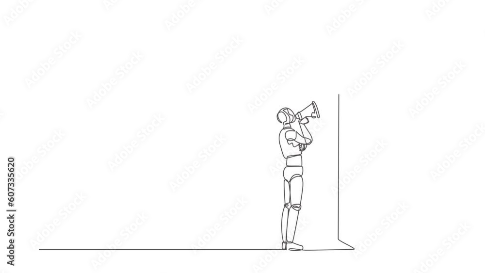 Poster animated self drawing of continuous one line draw robot holding megaphone standing and shouts in fro