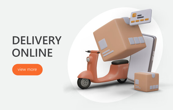 Web page with realistic 3d cartoon scooter, smartphone and carton boxes. Advertising poster, landing page for delivery company. Paying with credit card. Vector illustration with button view more