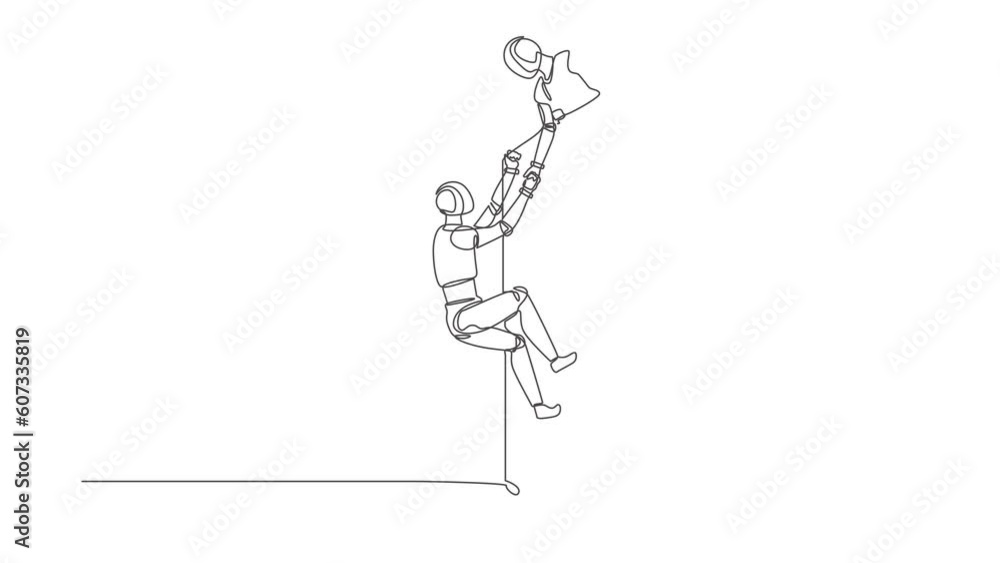 Poster animated self drawing of continuous line draw robot helping another robot climb wall. modern robotic