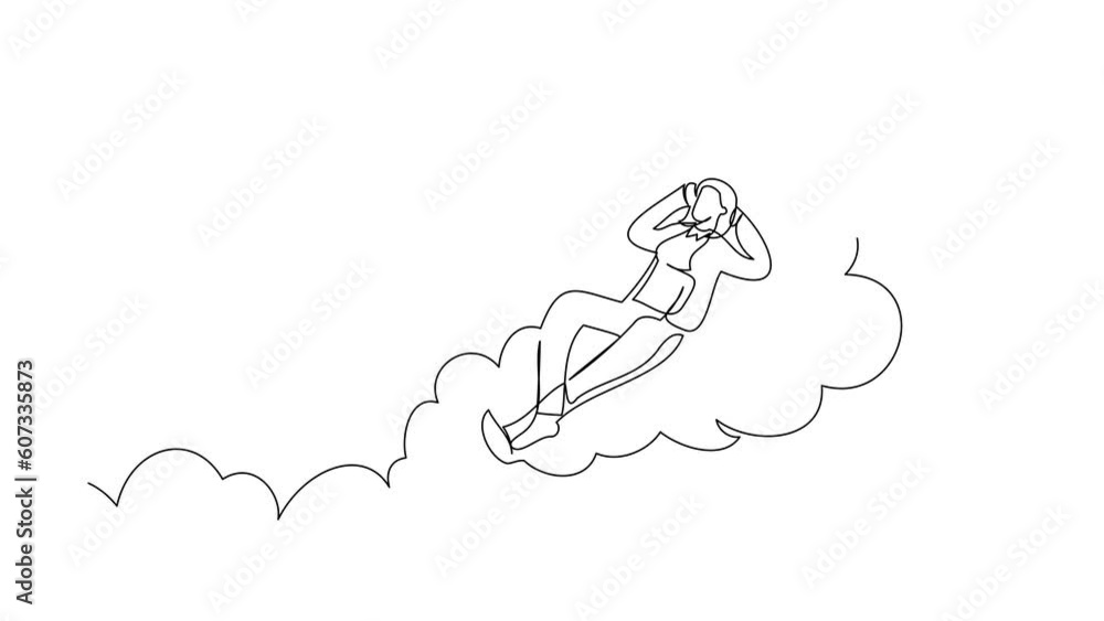 Poster animated self drawing of continuous line draw happy successful businesswoman relaxing laying on clou