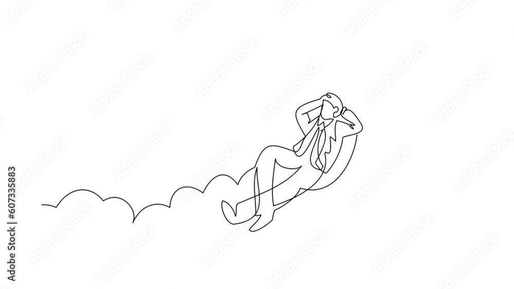 Poster self drawing animation of single line draw relaxed successful businessman relaxing laying on clouds.