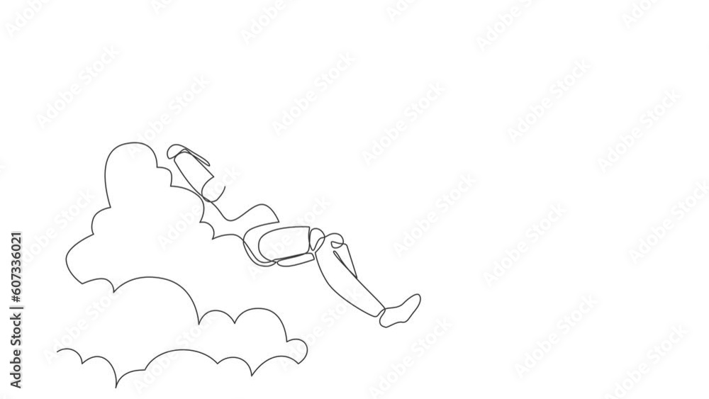 Poster animated self drawing of continuous line draw robot relaxing laying on clouds. break, vacation, coff