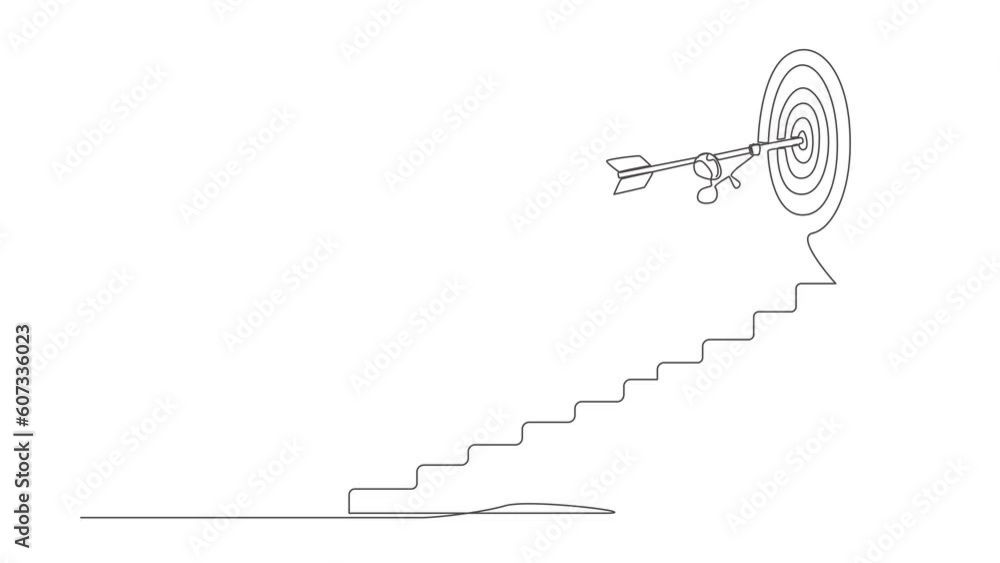 Poster animated self drawing of continuous line draw robot with arrow is running towards goal. steps of ach