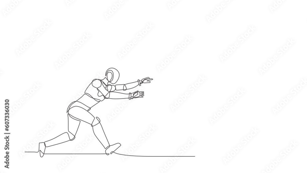Poster self drawing animation of single line draw robot running chasing after run away money. future techno