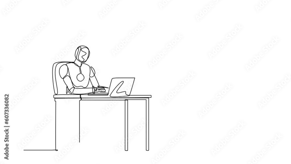 Aufkleber animated self drawing of continuous one line draw robot working, typing and sending messages at desk