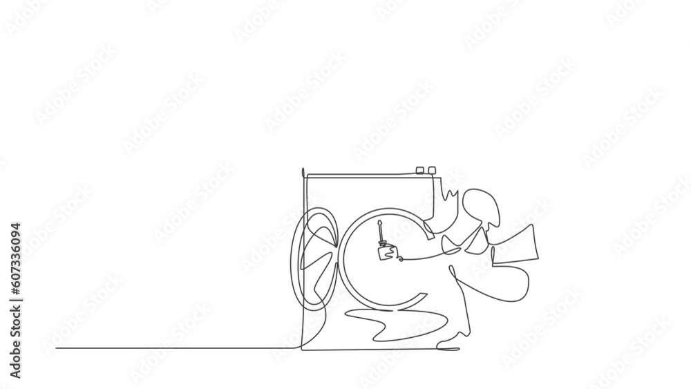 Poster self drawing animation of single line draw robot repairman fixing washing machine. future technology