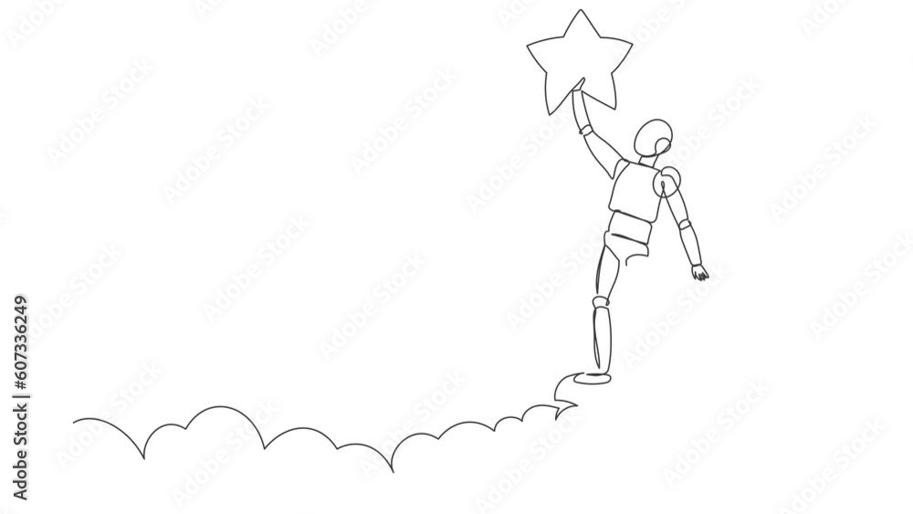 Poster animated self drawing of continuous one line draw robot reaching star on the sky. business champion 