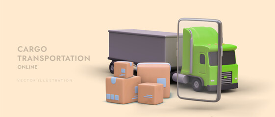 Cargo transportation by trucks. Ordering transport services from phone. Calculation of route and cost. Vector concept with realistic shapes for modern bright advertising. Poster with place for slogan