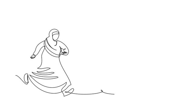 Self drawing animation of single line draw Arab businesswoman chasing light bulb. Arabian worker seek project solution. Imagination for new business ideas. Continuous line draw. Full length animated
