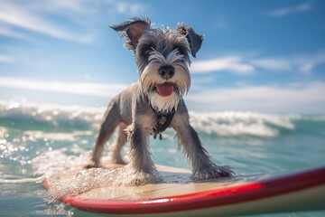 Image of a miniature schnauzer surfing on a surfboard at the beach on a sunny day.