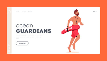 Ocean Guardians Landing Page Template. Lifeguard Male Character Sprints To Aid In Rescue Demonstrating Swift Action