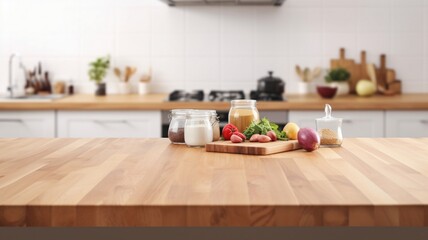 Empty wooden tabletop with blurred kitchen background Generative AI