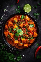 Sweet potato curry vegetarian dish on black stone surface background. Generative AI