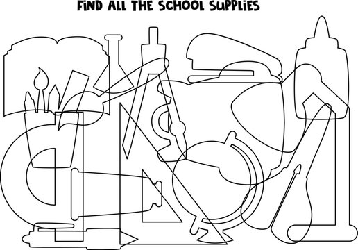Find all the imposed school supplies. Find all silhouettes. Logical puzzle for kids.