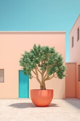 Fototapeta na wymiar Mediterranean minimal wall architecture and plant exterior. Generative AI