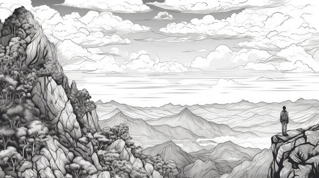 Man on the mountain peak looking on mountain valley with low clouds at sunset. Generative AI