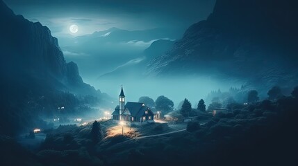 Mountains in fog with beautiful house and church at night in summer. Generative AI