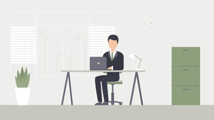 A man works diligently on his laptop in a modern office setting. Workplace business concept vector.