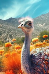 Ostrich in nature at mountain valley. Generative AI - obrazy, fototapety, plakaty