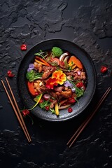 Szechuan Beef meal on black stone surface background. Generative AI
