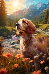 Cocker Spaniel in nature at mountain valley. Generative AI