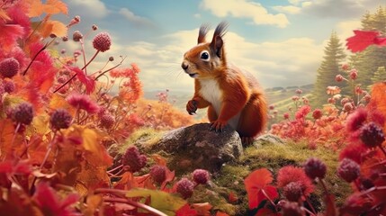 Squirrel in field of wild flowers. Generative AI