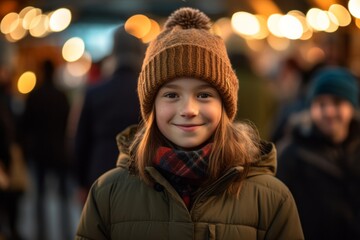 Environmental portrait photography of a satisfied kid female wearing a warm beanie or knit hat against a bustling art fair background. With generative AI technology