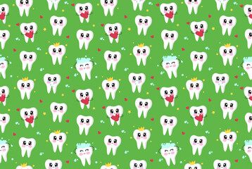 Funny green seamless pattern of cute snow white happy tooth, crying and sick moody tooth with hearts and cleaning. Cartoon characters in flat design. Kawaii teeth characters for kids babies for print