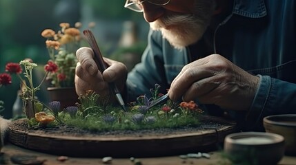 Close up of mature bearded caucasian man in blue shirt planting flowers. Generative AI