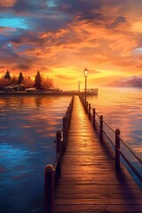 Fototapeta premium Bright sunset over lake Geneva, golden clouds reflect in the water at twilight time. Generative AI