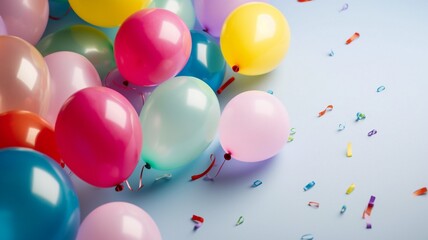 Fototapeta na wymiar Colorful helium balloons on light pastel background Generative AI