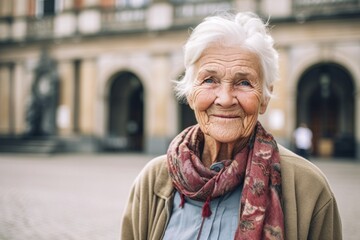 Medium shot portrait photography of a glad old woman wearing comfortable jeans against a historic museum background. With generative AI technology