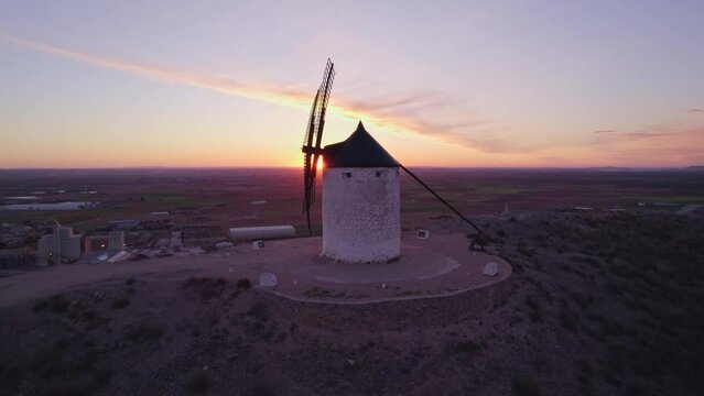 Sun goes behind Molinos de Viento early morning, Aerial