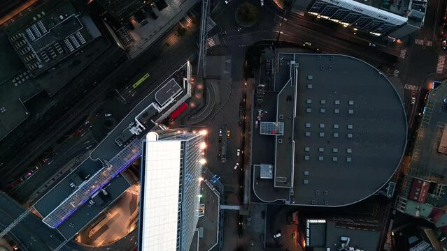 Oslo, Norway Night Time Aerial of central Oslo, famous city centre view, cinematic architecture drone topview shot, streetlight glow, illuminated European city, 4k 60fps.