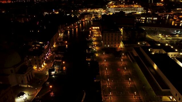 4k drone footage at night flying over Venice in Italy