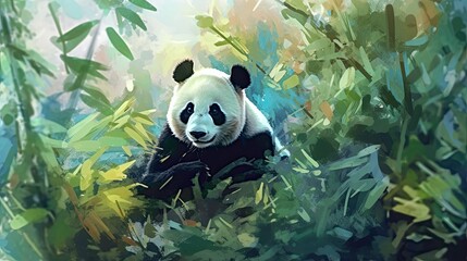 panda nestled among a vibrant watercolor bamboo forest. soft, pastel colors for the bamboo stalks and leaves
