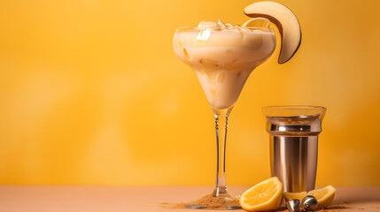 Sweet summer cold banana daiquiri or martini cocktail, liquor with banana syrup, slices,crushed ice and bar utensils on high-colored golden beige background